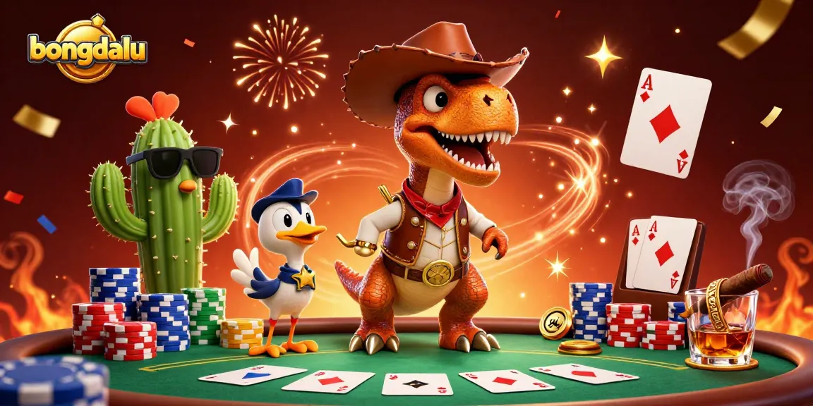 Place bets and win big with bongdalu as the dinosaur T-Rex and friends enjoy a poker game surrounded by colorful chips.