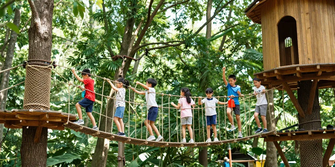 Rope Bridge design connecting two treehouses in a vibrant forest, children crossing joyfully.