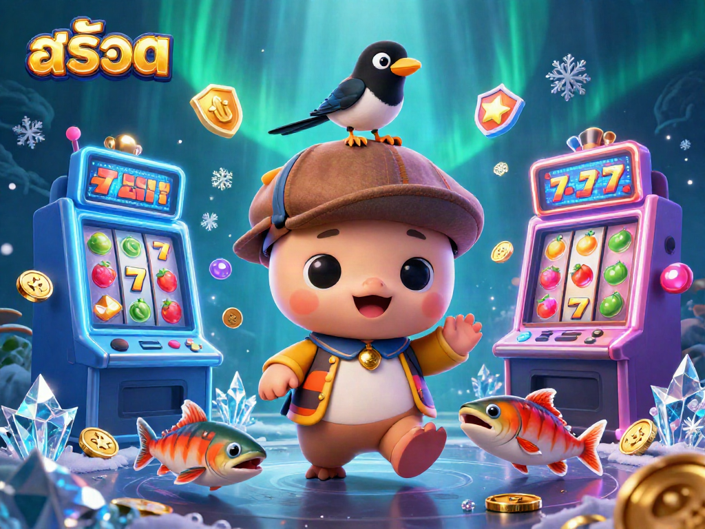 Spin the reels of สล็อต with a playful Nessie, magpie, and tartan salmon in a vibrant scene.