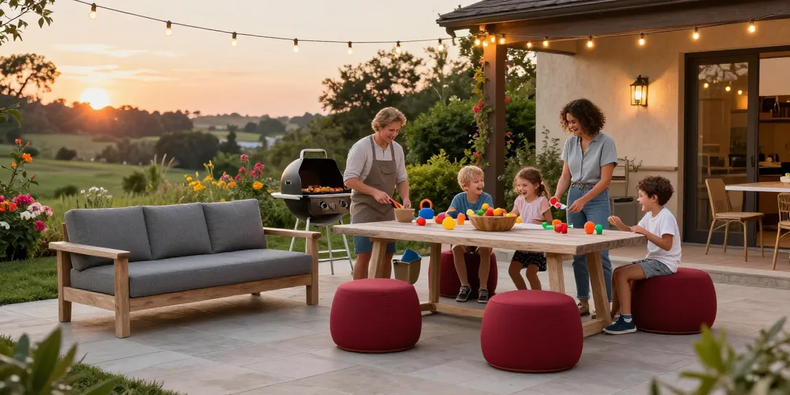 Family enjoying quality time with stylish outdoor seating furniture on a cozy patio