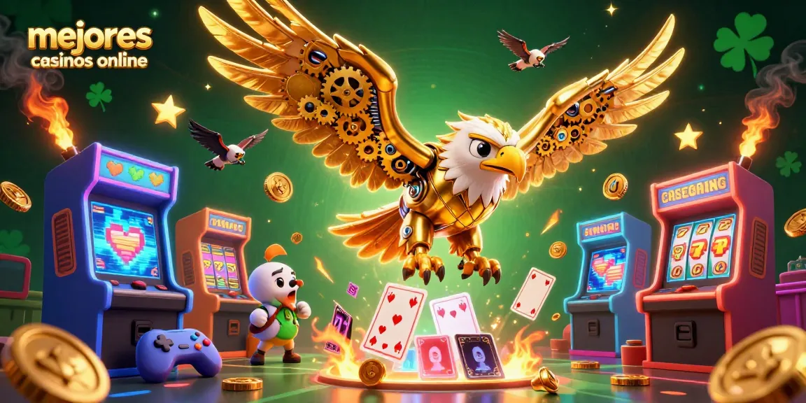 Ilustración de mejores casinos online con un águila dorada cibernética en un entorno lleno de juegos y cartas.