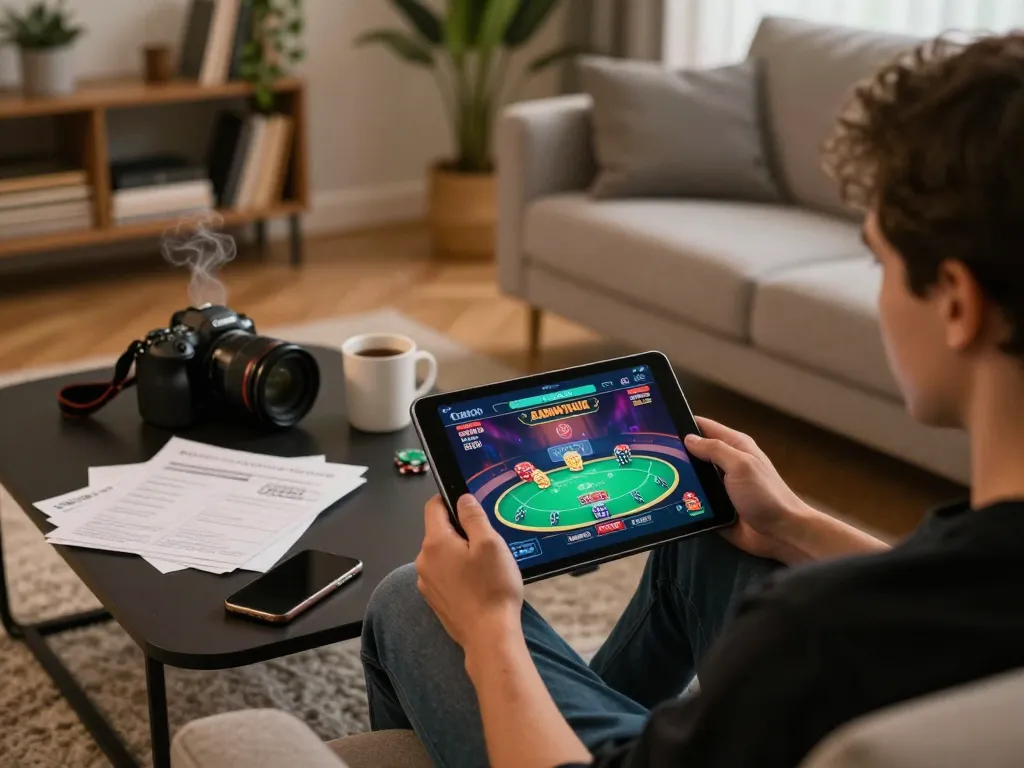 Engaging in online poker through 88clbgo on a cozy home tablet setup, emphasizing responsible gaming.