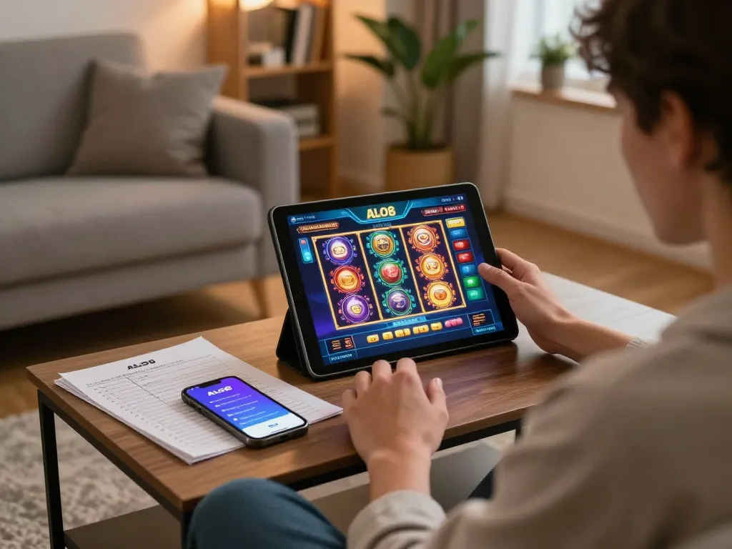 Person engaged in online ALO8 gaming on a tablet in a cozy living room while reviewing betting strategies.