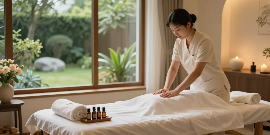 구미 OP가이드에 맞춘 편안한 프라이빗 룸의 마사지 테이블과 아로마 오일 세팅