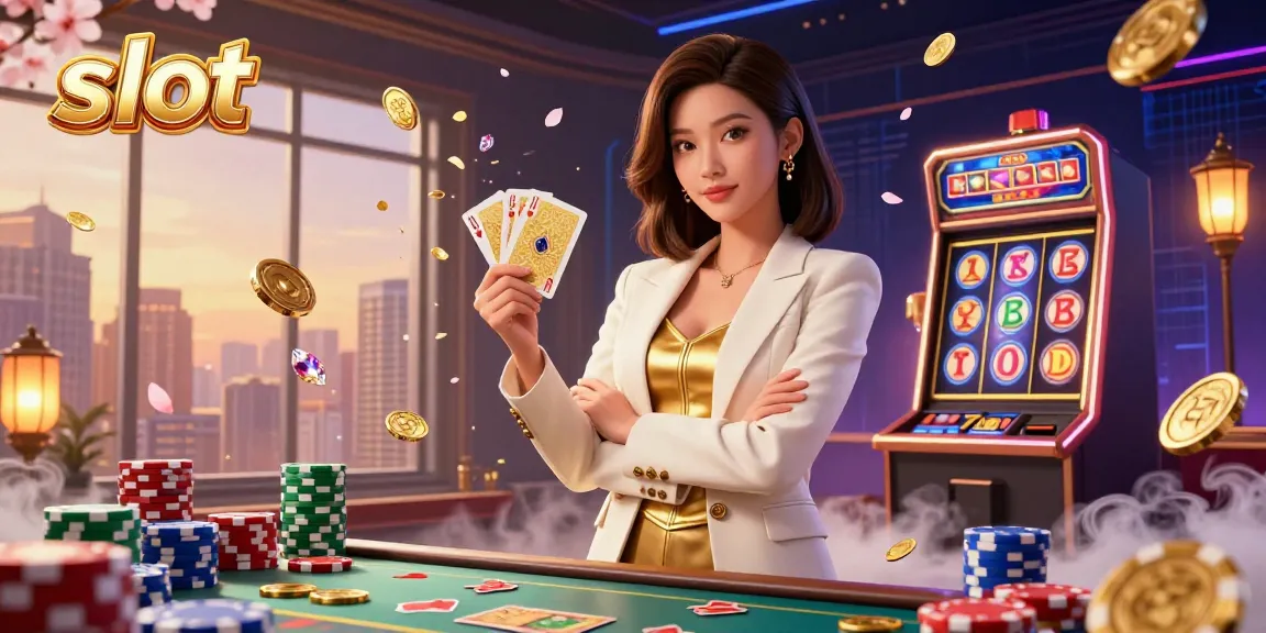 Spin the slots in this vibrant casino scene showcasing a powerful Asian woman and dynamic gaming elements.