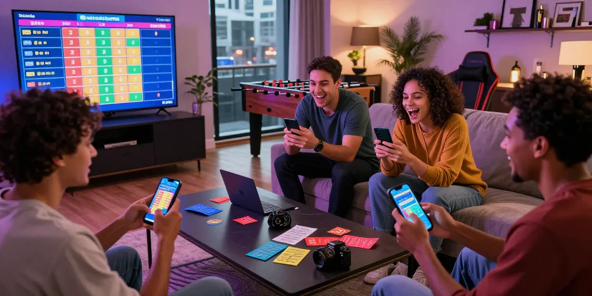 Friends enjoying jnetoto live draw results on mobile devices in a vibrant gaming environment.