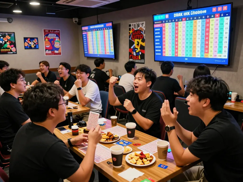 Players engaging in HK Lotto live draw with excitement and colorful screens in a lively gaming lounge atmosphere.