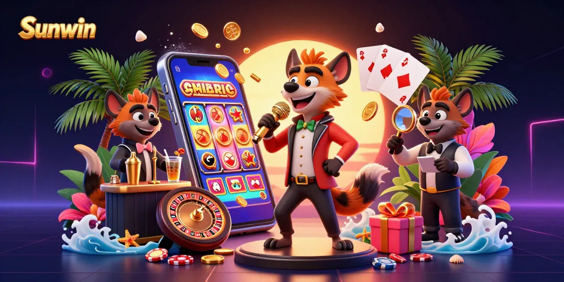 Experience the excitement at Sunwin's casino club as hyenas entertain while mixing drinks and checking IDs amidst vibrant gambling elements.