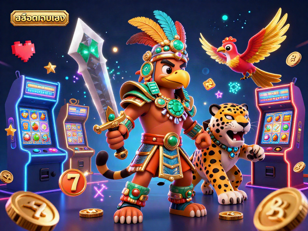 Experience vibrant action with สล็อตเว็บตรง games, featuring Aztec warriors and dynamic casino elements.