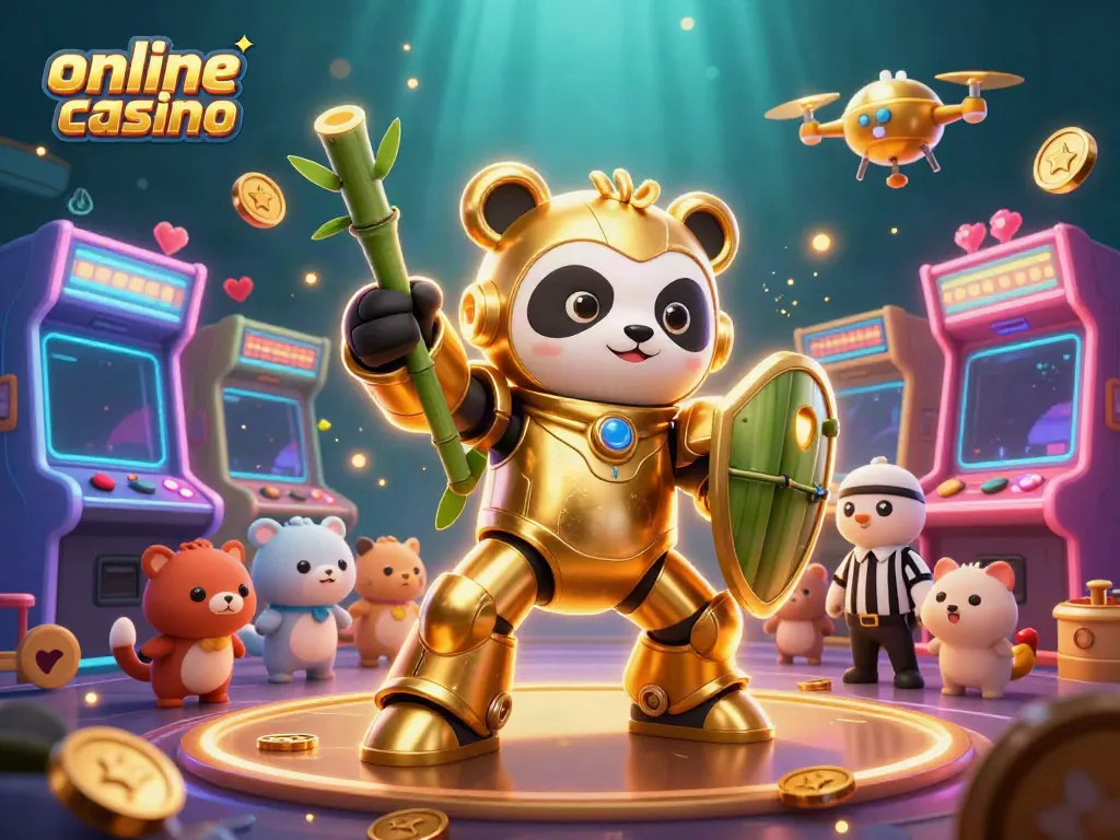 Engage in exciting gameplay at an online casino with a vibrant 3D scene featuring a golden panda in action.