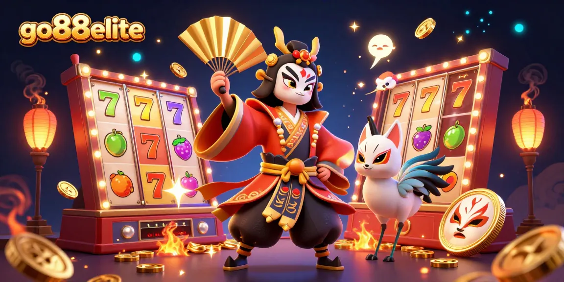 Experience excitement with go88elite in this vibrant illustration featuring dynamic slot reels and characters.
