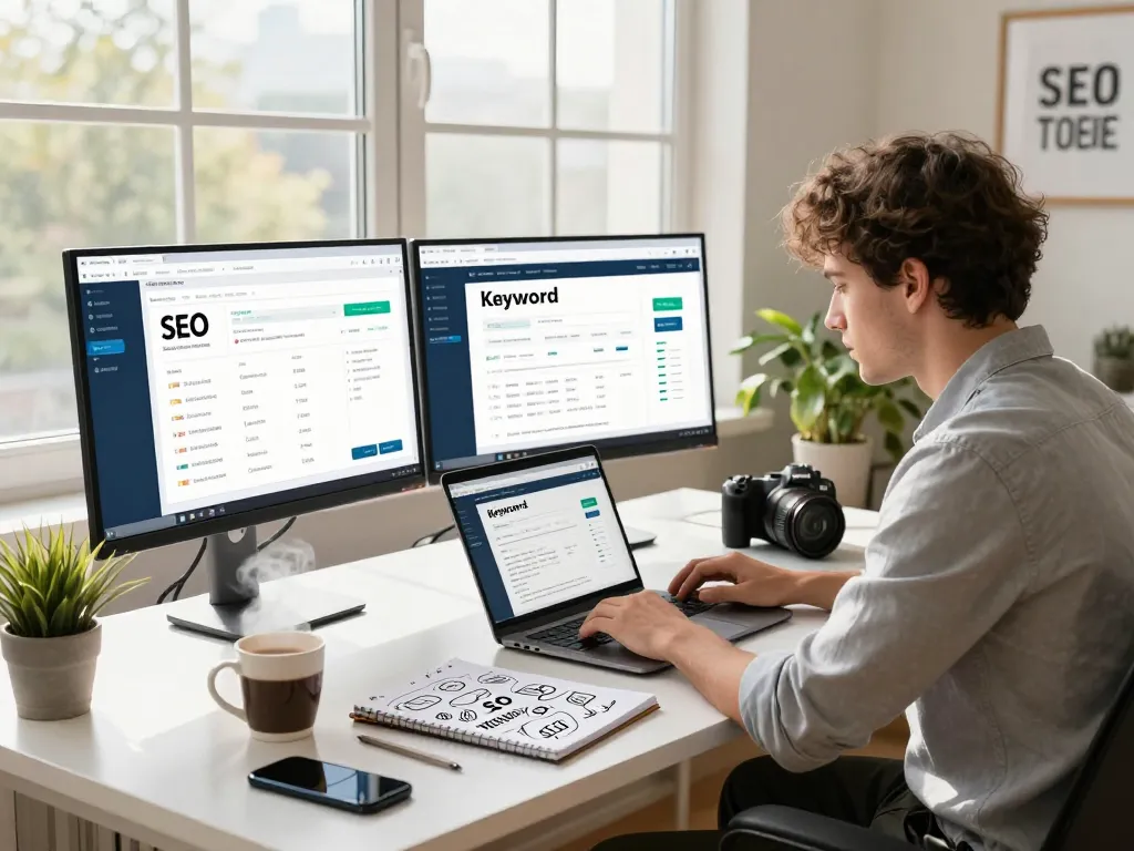 Digital marketer analyzing data using group buy SEO tools in a modern workspace