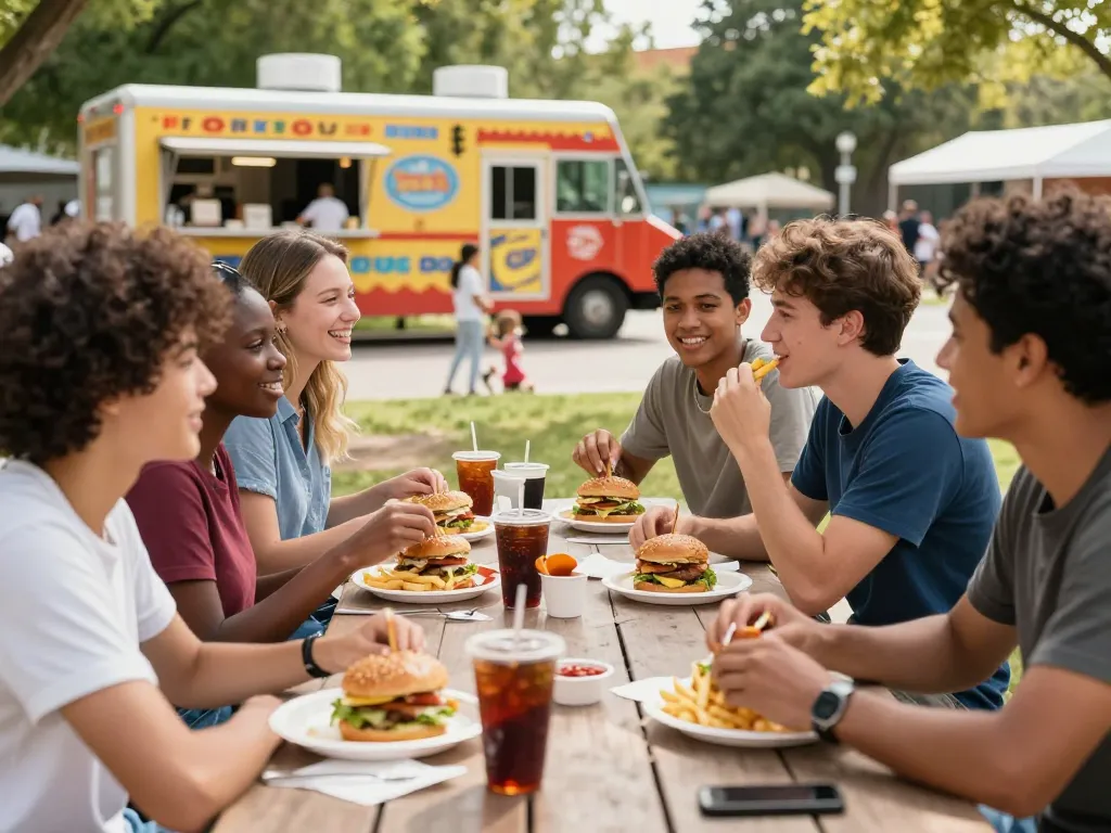 Friends enjoying diverse fast food menu items at outdoor picnic table