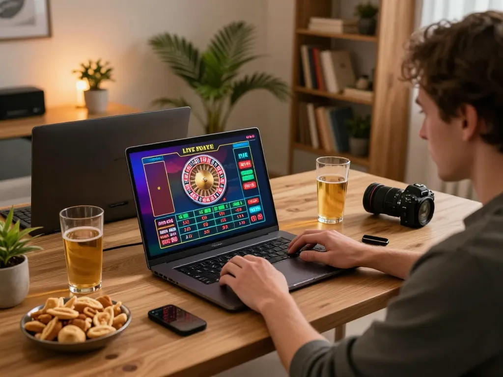 Player enjoying online casino games at home with 98win 1 interface on screen.
