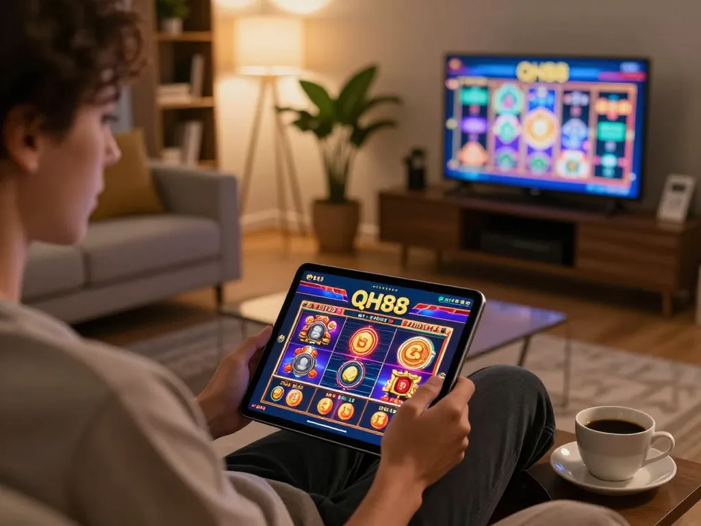Engaging in online gaming on QH88go app with tablet in a cozy home setting.