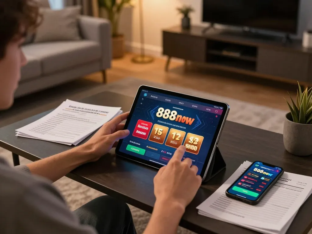 Engaging with the 888now app for online gaming at home, showcasing strategic play.