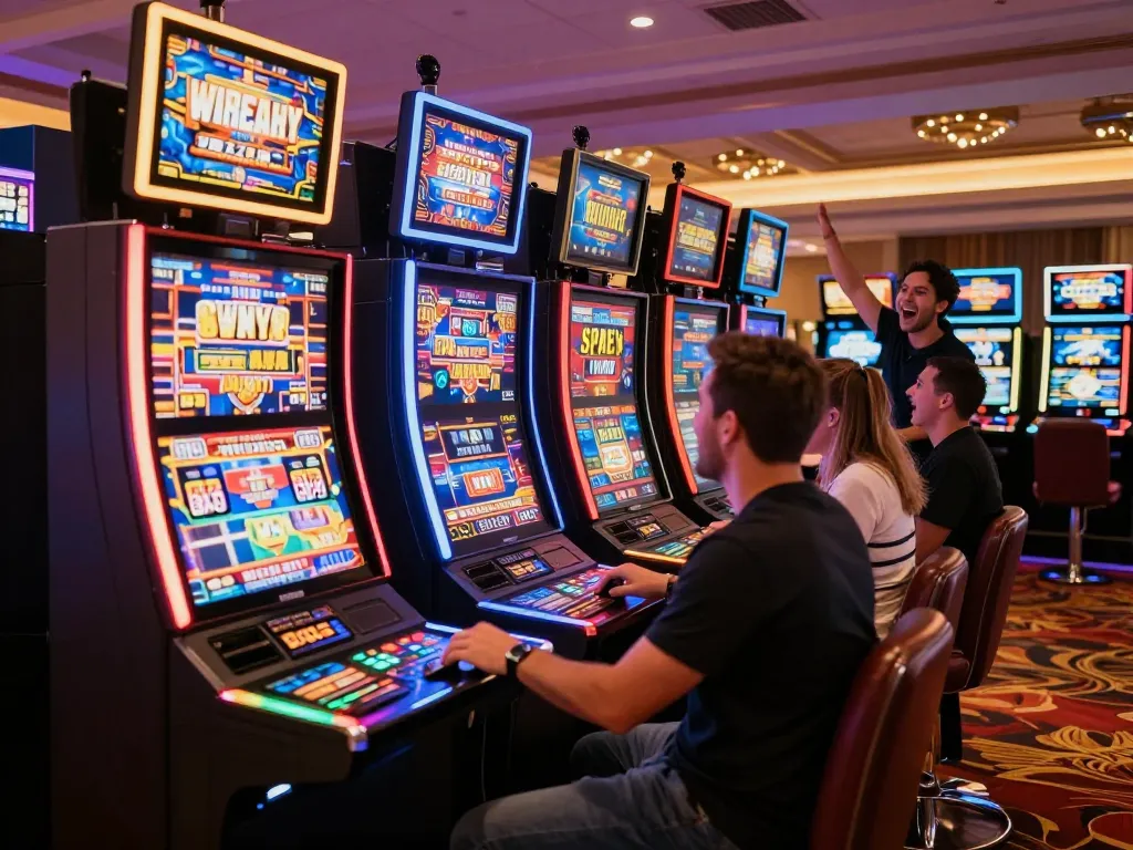 Players enjoying exciting slot games at SC88 casino, celebrating near vibrant machines in a luxurious atmosphere.