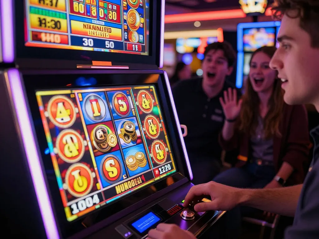 Player celebrating a win on a vibrant king slot machine with cascading coins and excited background