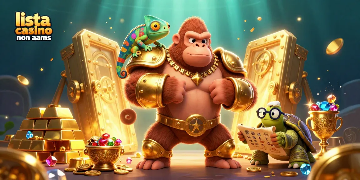 Interagisci con lista casino non AAMS in una scena dinamica di tesori dei casinò, un gorilla re e un camaleonte.