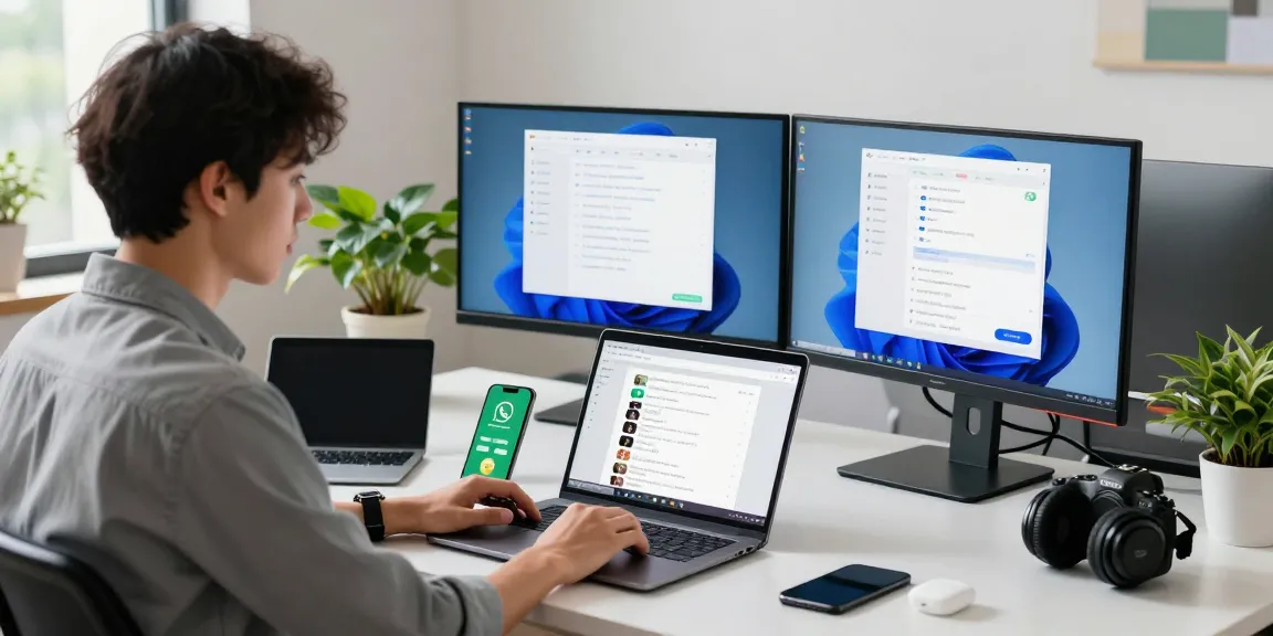 Dynamic workspace showing a user accessing WhatsApp網頁版 on laptop in a bright modern office.