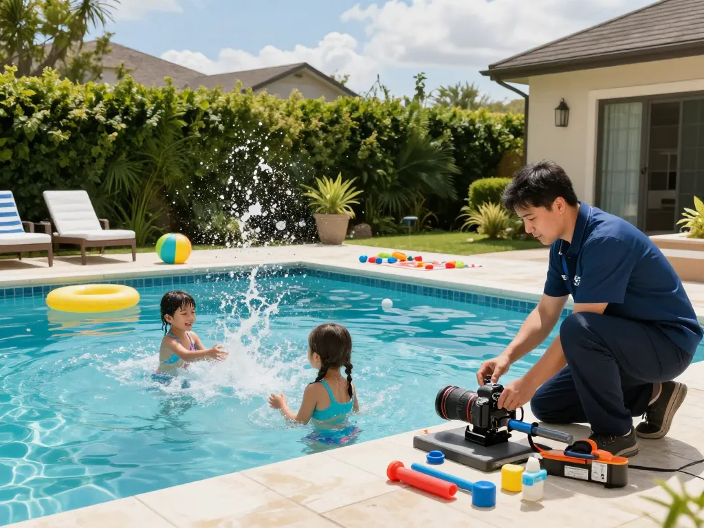 Dolphin Pool Services technician inspecting a residential pool while a family enjoys swimming, showcasing expert maintenance.