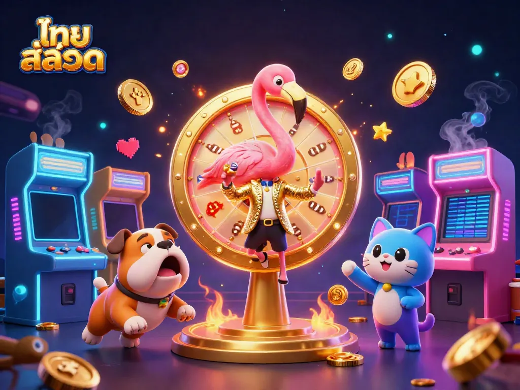 Engaging scene showcasing ไทย สล็อต with a flamingo game show host, bulldog contestant, and prizes, capturing casino excitement.
