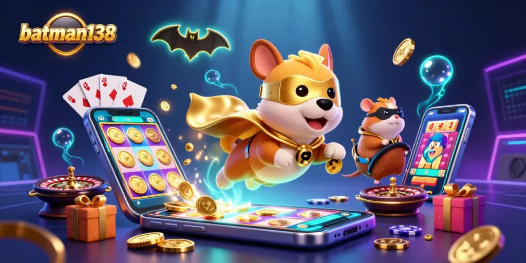 Aksi batman138 saat bermain slot digital dengan pahlawan super, koin emas bertebaran.