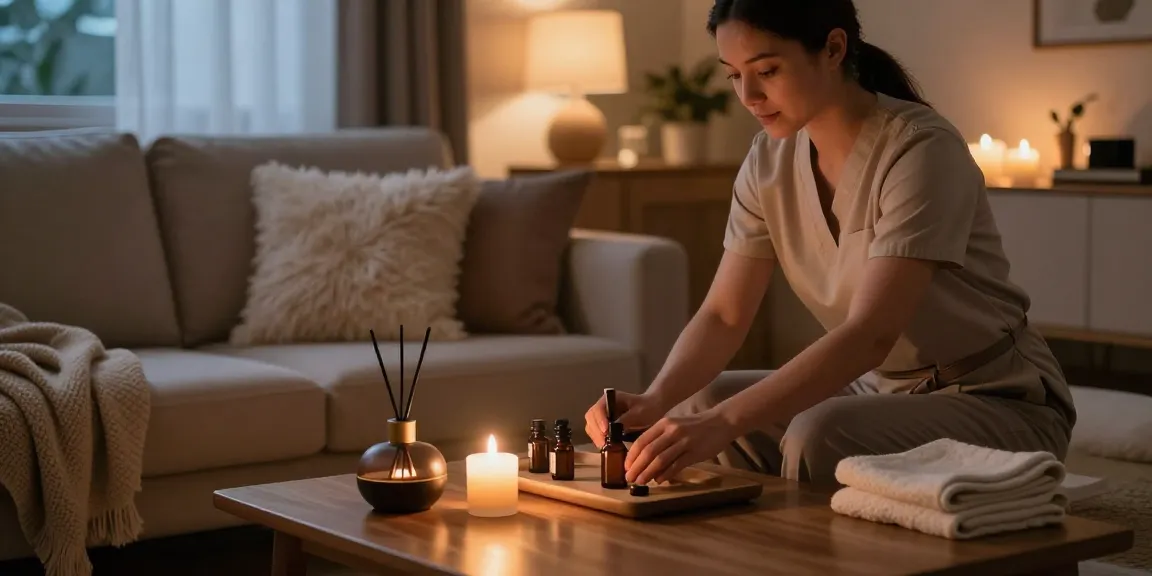 노원출장마사지 setup in a cozy living room for a relaxing experience, featuring candles, oils, and soothing ambiance.