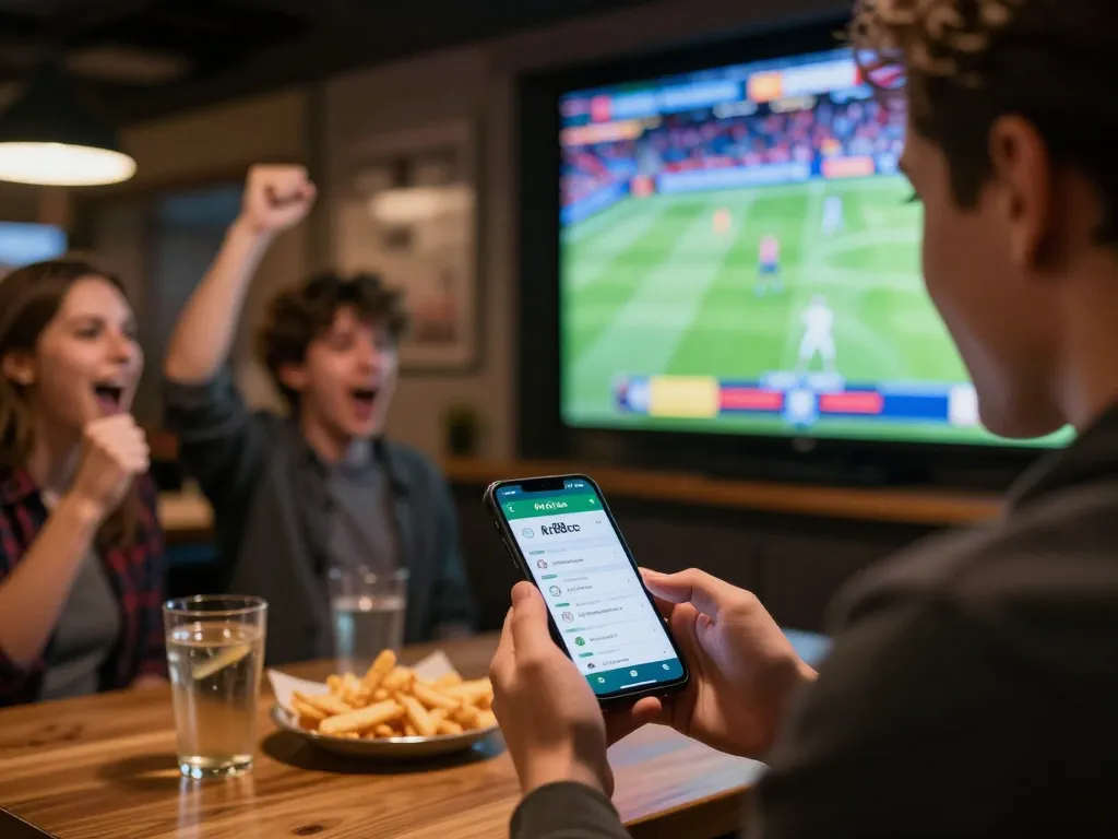 Experience live sports betting with rr88co app in a lively bar atmosphere