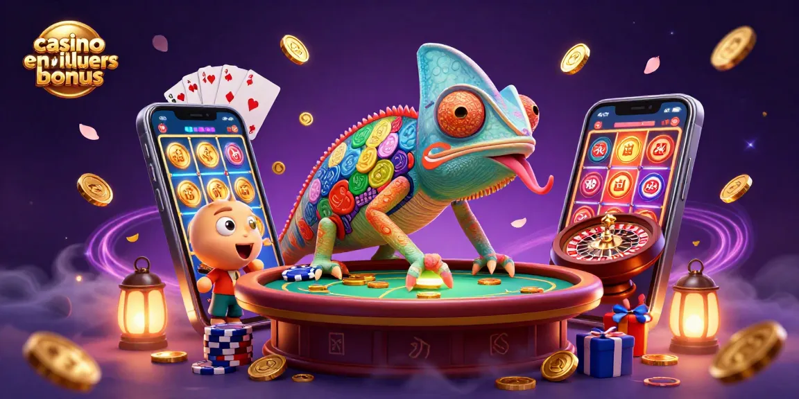 Illustration dynamique mettant en avant le casino en ligne meilleurs bonus avec un propriétaire caméléon et des éléments de jeux.
