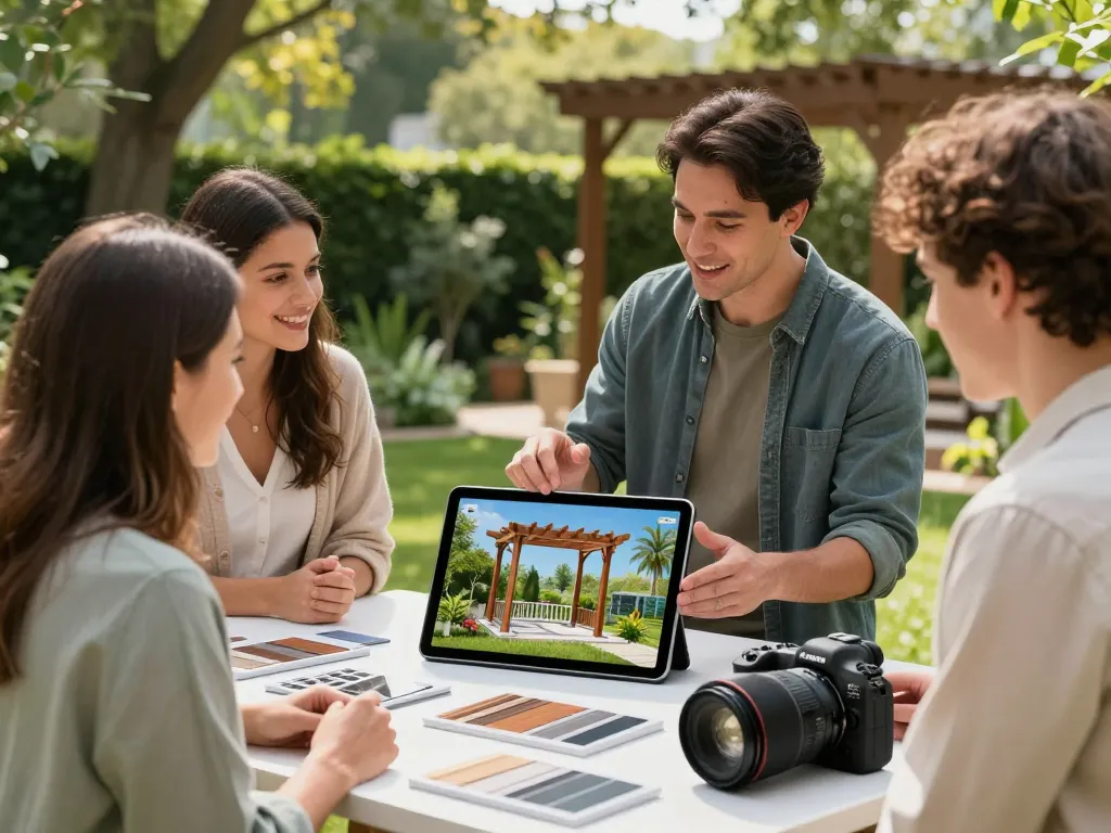 Interactive demonstration of Pergola Sales Software with customer and salesperson in a garden setting.