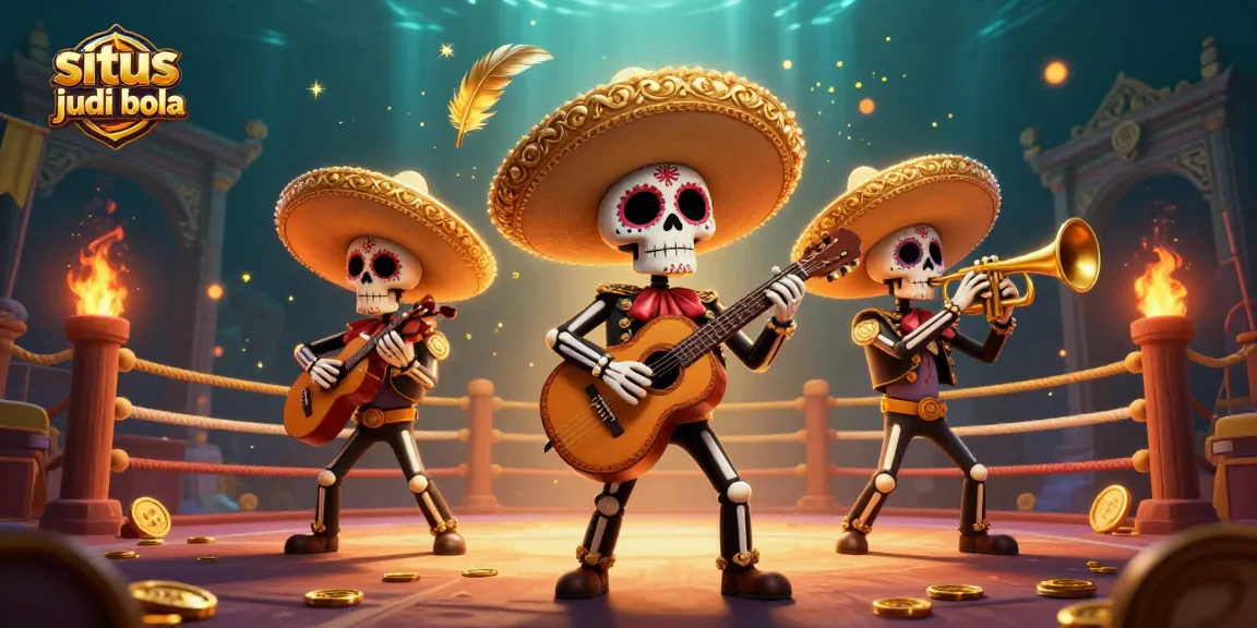 Enjoy thrilling situs judi bola action with a vibrant skeleton mariachi band amidst a dynamic casino scene.