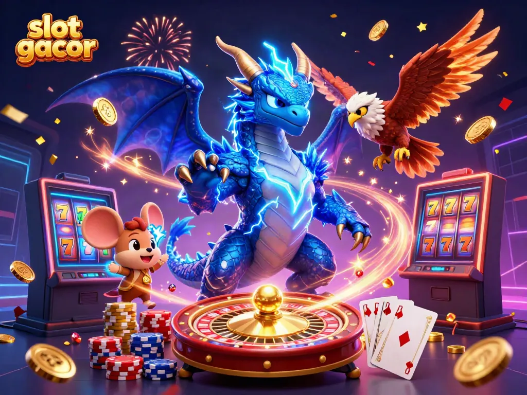 Experience the excitement of slot gacor with vibrant characters, golden coins, and a dynamic casino atmosphere.