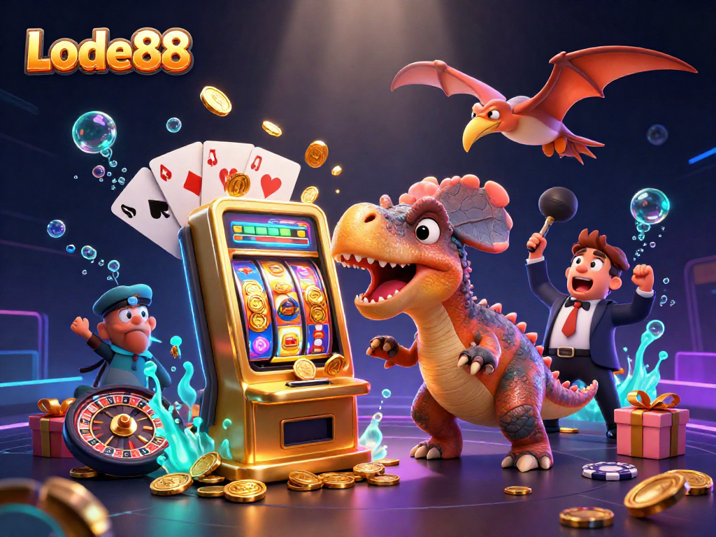 Lode88 celebrates a jackpot win as a pachycephalosaurus interacts with a golden slot machine, capturing thrilling casino moments.