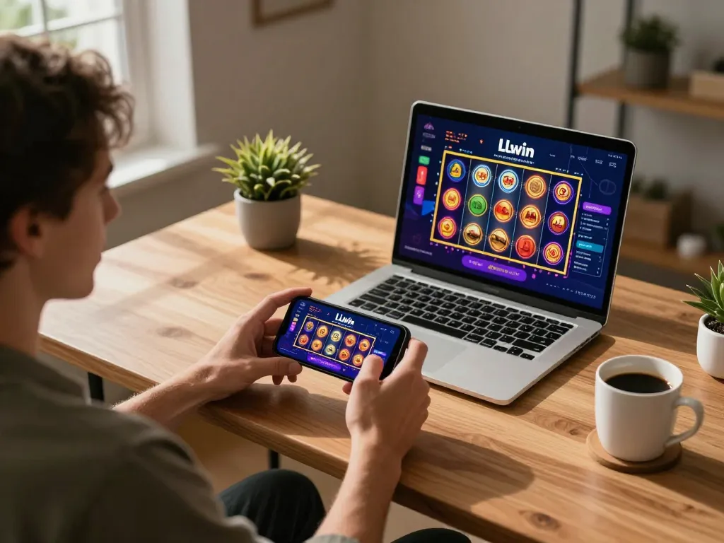 Player engaging with LLwin’s mobile app, celebrating winning spin on colorful slot game