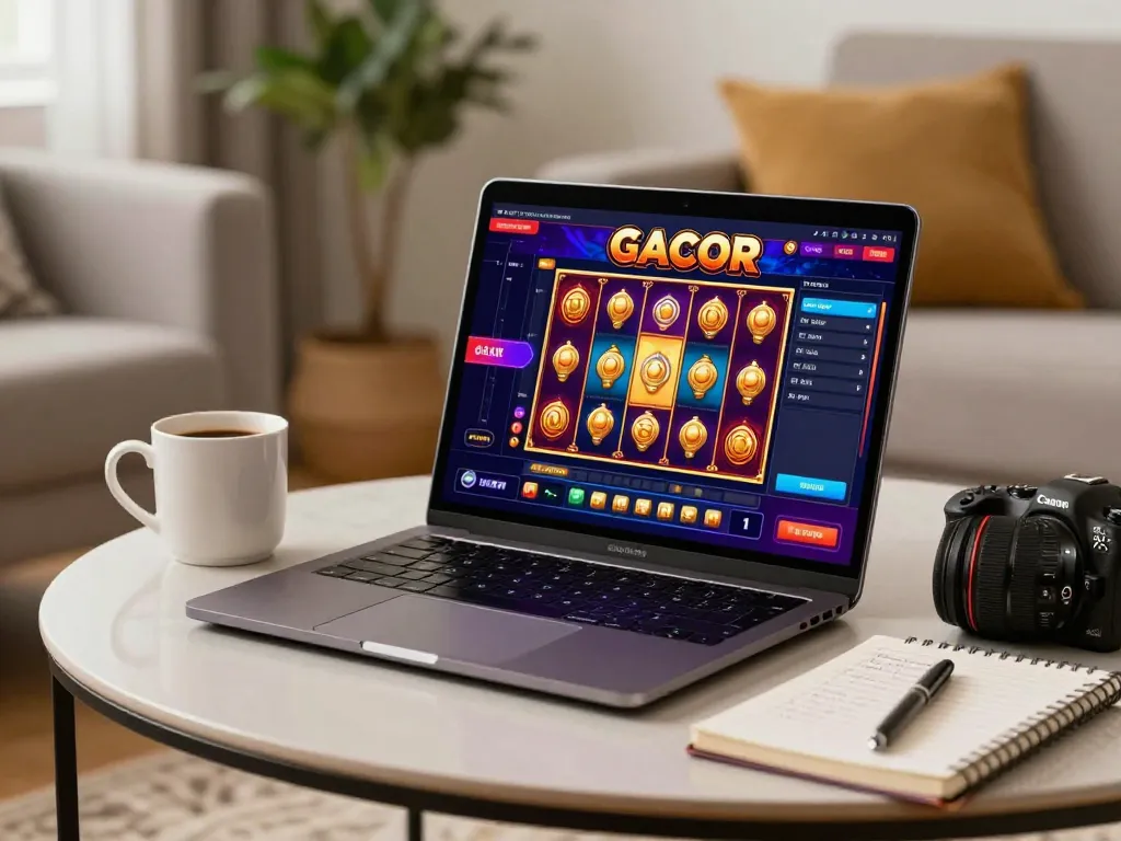 Engaged player exploring slot gacor games on a stylish laptop in a cozy modern setup.
