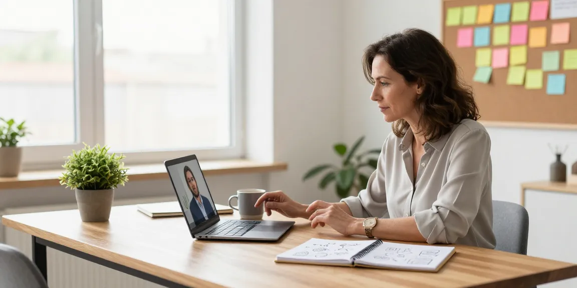 Self-employed entrepreneur engaged in a video call in her bright home office, showcasing a dedicated workspace.