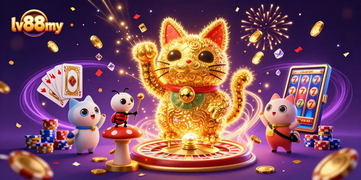 Experience the excitement of gambling with lv88my's vibrant 3D illustration showcasing a lucky cat and casino elements.