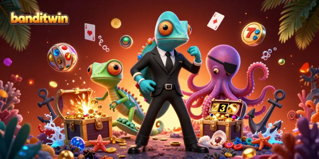 Melihat banditwin, agen rahasia bunglon dan teman gecko berinovasi di kasino 3D penuh harta karun.