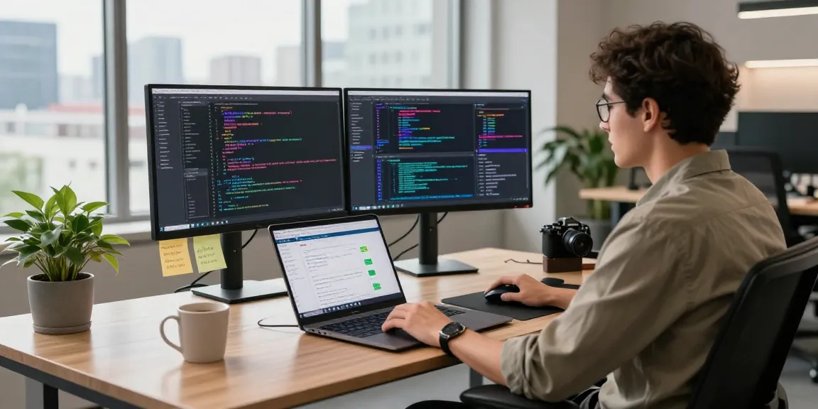 Software engineer working with NAGA2000 in a modern tech workspace, showcasing vibrant code on dual monitors.