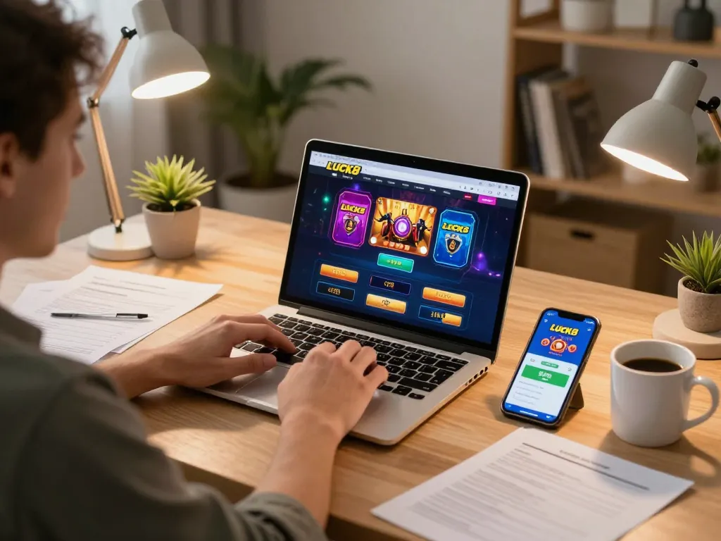 Engaging LUCK8 online gaming scene showcasing a player immersed in a live dealer game at home