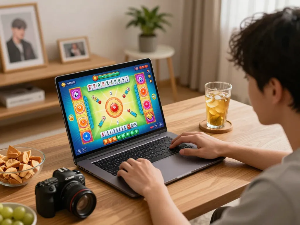 Player enjoying a Mahjong game on a laptop highlighting situs gacor gaming experience at home.