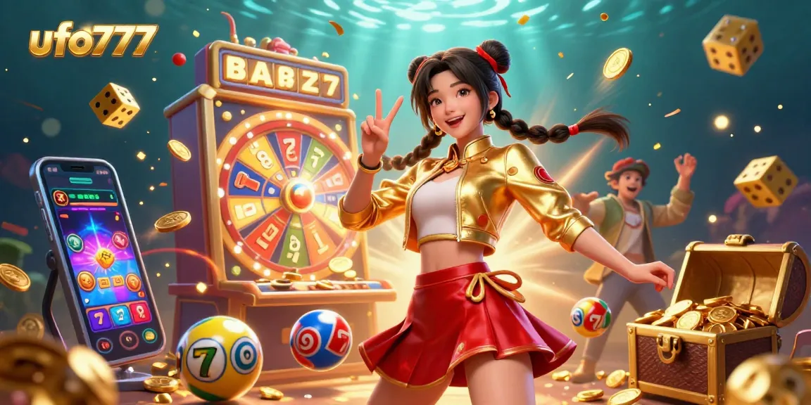 Engage with ufo777's exciting gameplay illustrated by a stunning character surrounded by colorful slot elements and confetti.
