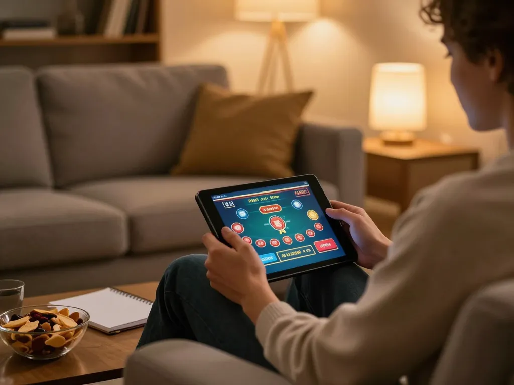 Player engaging with ALO8 platform on tablet in a cozy home setting, highlighting relaxed online gaming