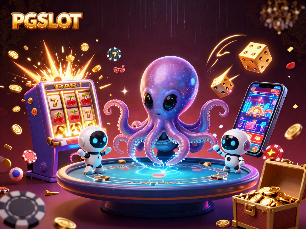 Engage with PG SLOT in a thrilling 3D scene featuring an alien octopus and a robot at a vibrant casino.