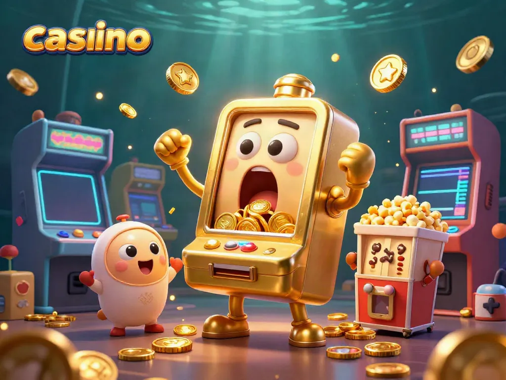 Exciting casino scene with a golden slot machine hitting a jackpot surrounded by colorful game elements.