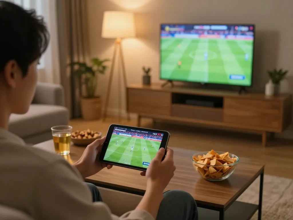 Engaged viewers enjoying live football matches on Luongsontv in a cozy living room.