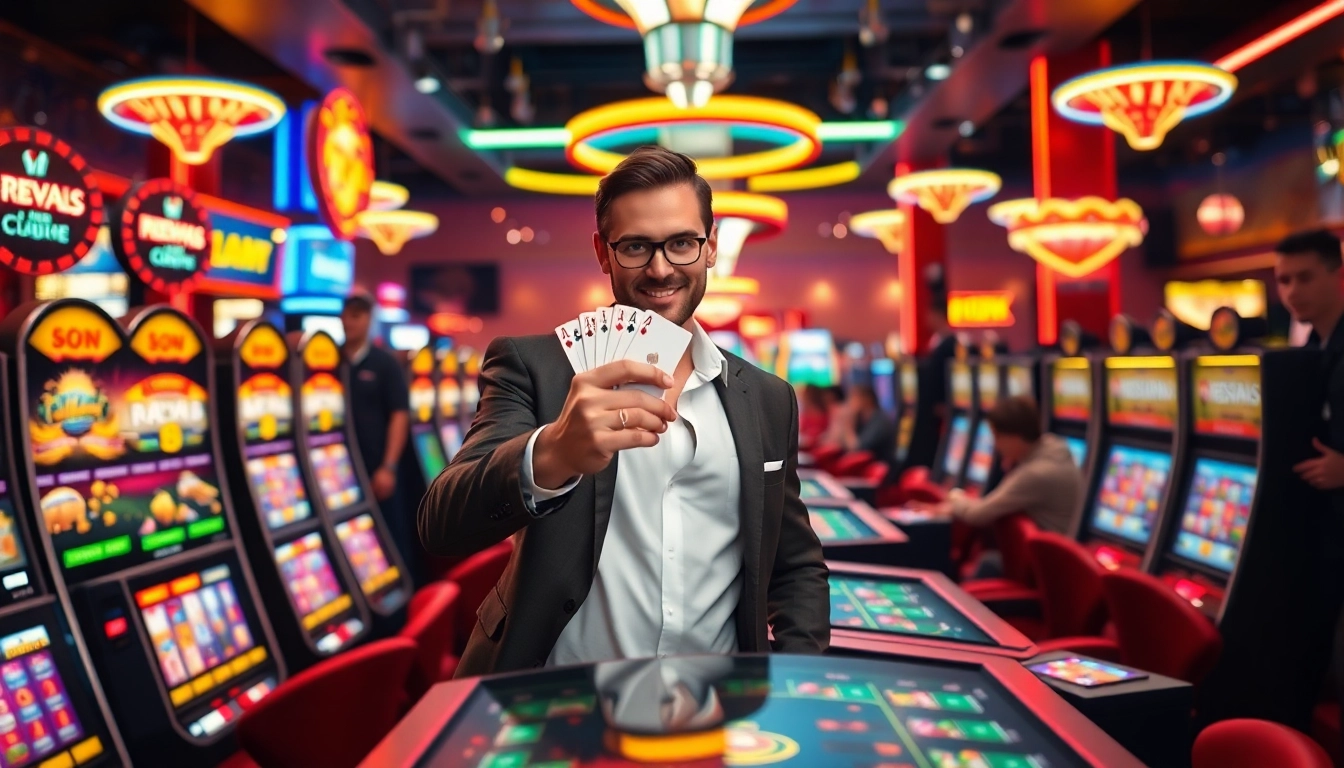 Vegas hero celebrating a casino victory amidst colorful slot machines and vibrant decorations.