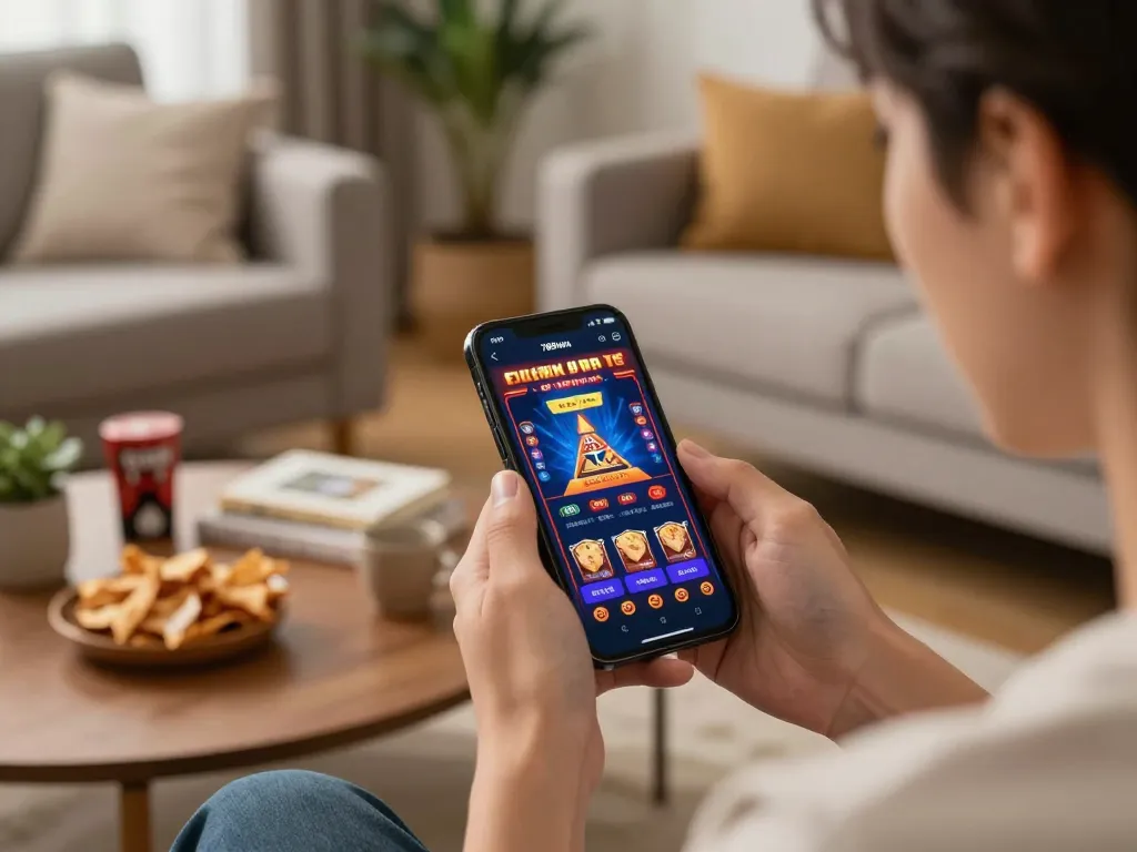 The user enjoys gaming with the app 789win on smartphone in a cozy home setting.