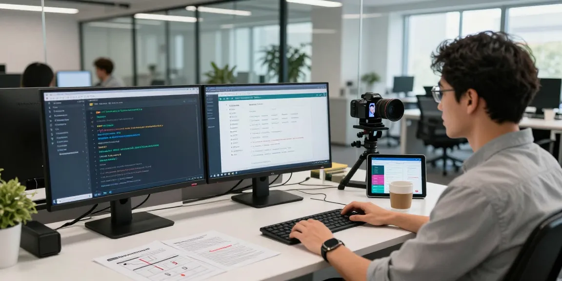 Developer working on an age verification system in a modern tech office.